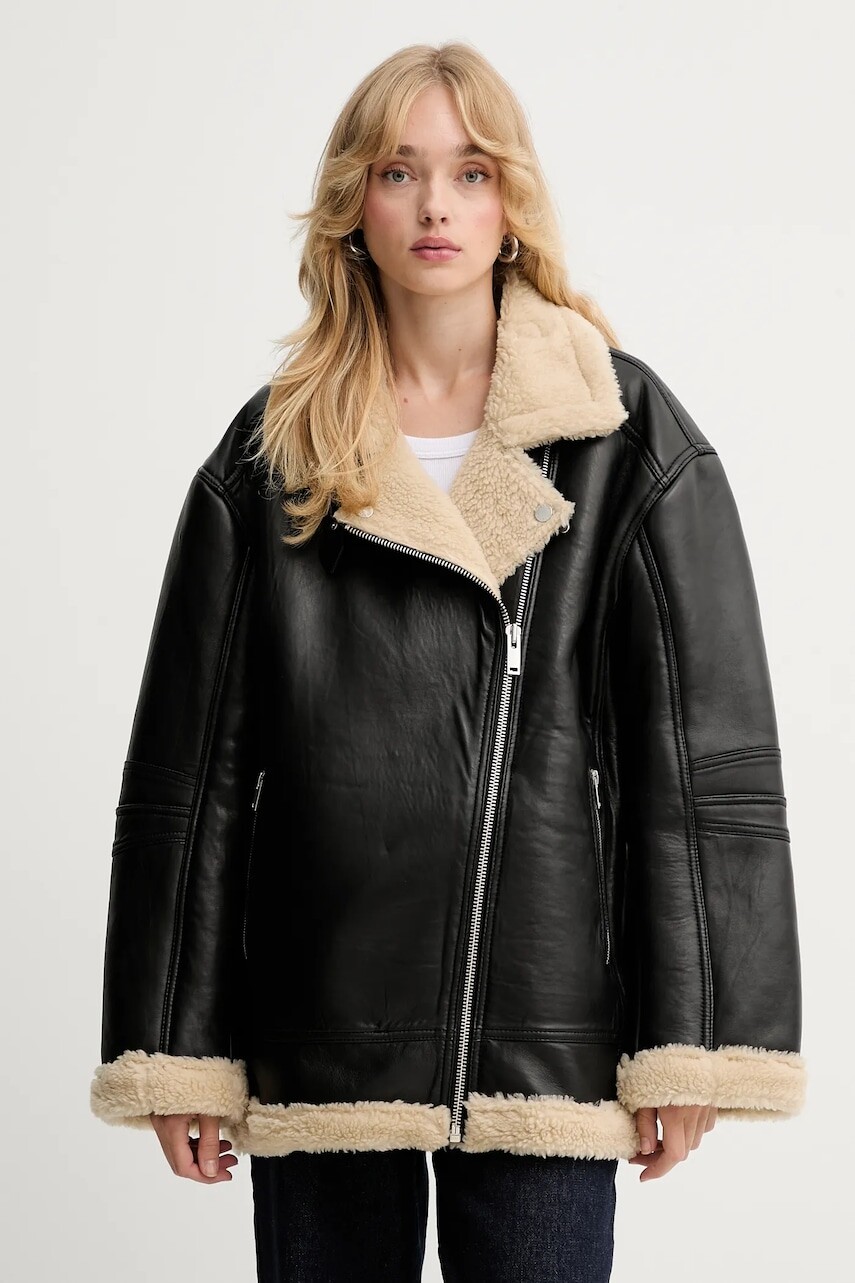 Kožená bunda Gestuz čierna farba, prechodná, oversize, 10910336