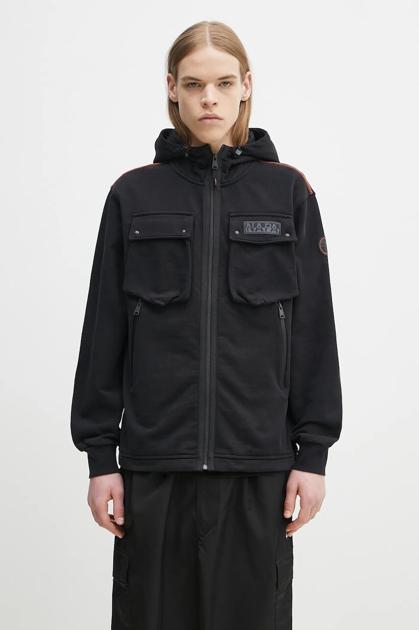 Bavlnená mikina Napapijri B-Rivalto pánska, čierna farba, s kapucňou, s potlačou, NP0A4ICG9411