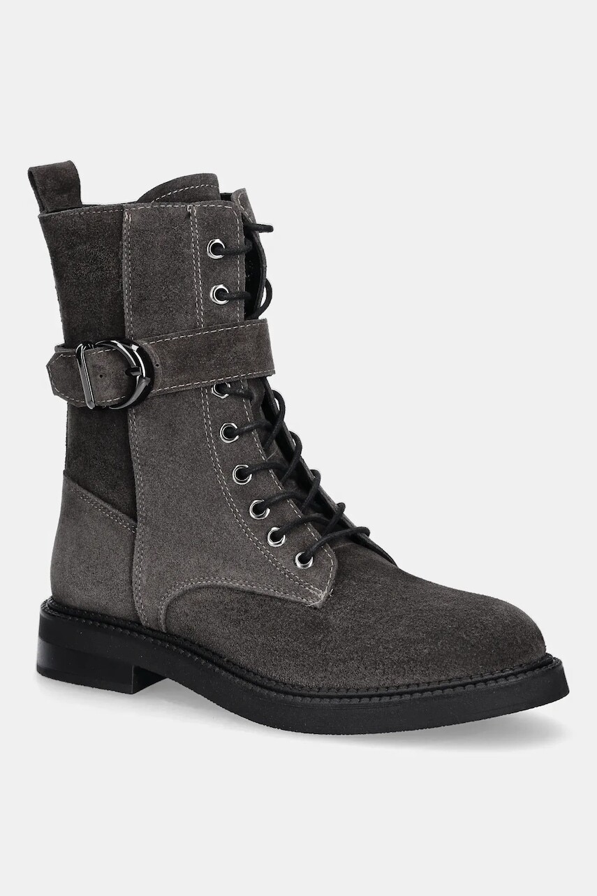 Semišové workery Answear.LAB šedá farba, na plochom podpätku, jemne zateplené