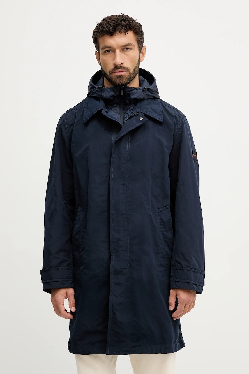 Bunda BOSS Orange tmavomodrá farba, prechodná, 50543497