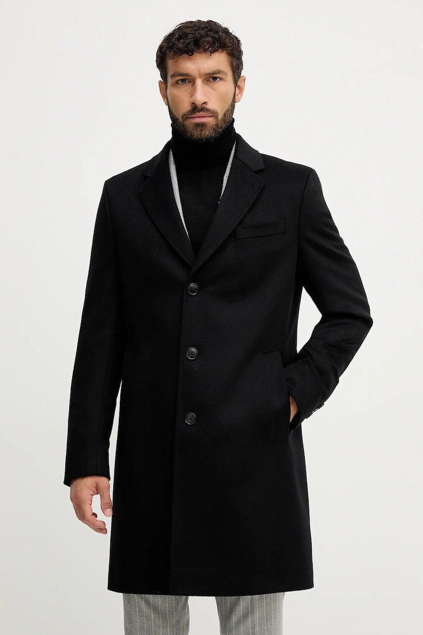 Vlnený kabát BOSS čierna farba, 50549187