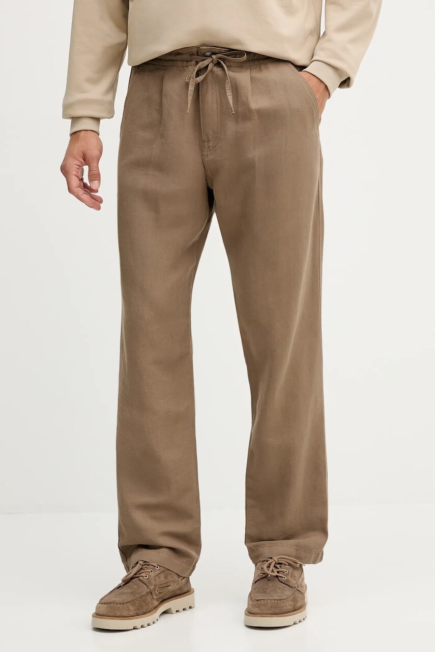 Ľanové nohavice Guess hnedá farba, priliehavé, M5YB77 WHC00