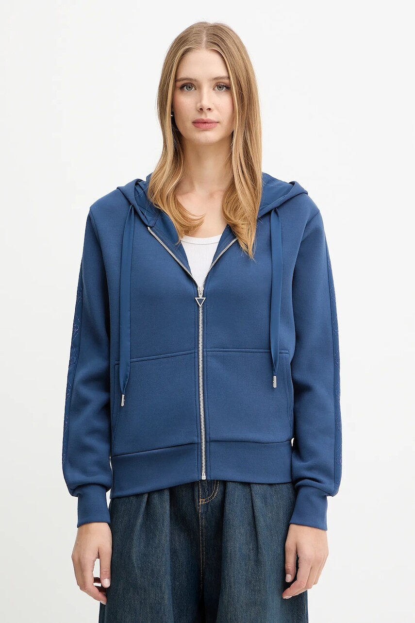 Mikina Guess modrá farba, s kapucňou, s nášivkou, W5YQ05 KBYE2