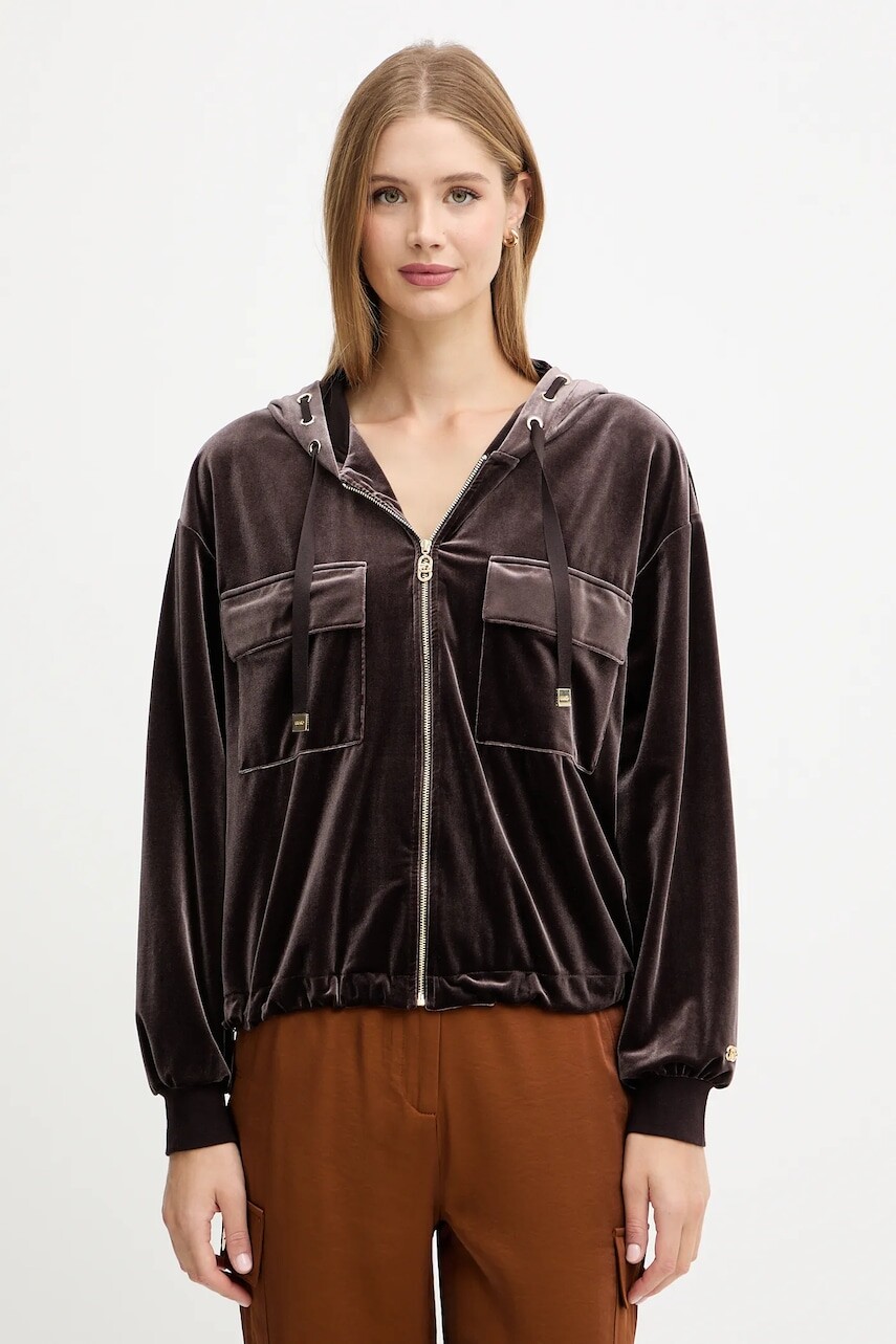 Velúrová mikina Liu Jo hnedá farba, s kapucňou, jednofarebná, TF5108.J4955