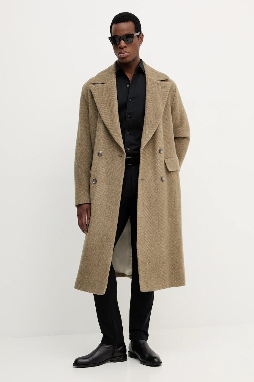 Vlnený kabát BOSS zelená farba, 50550743