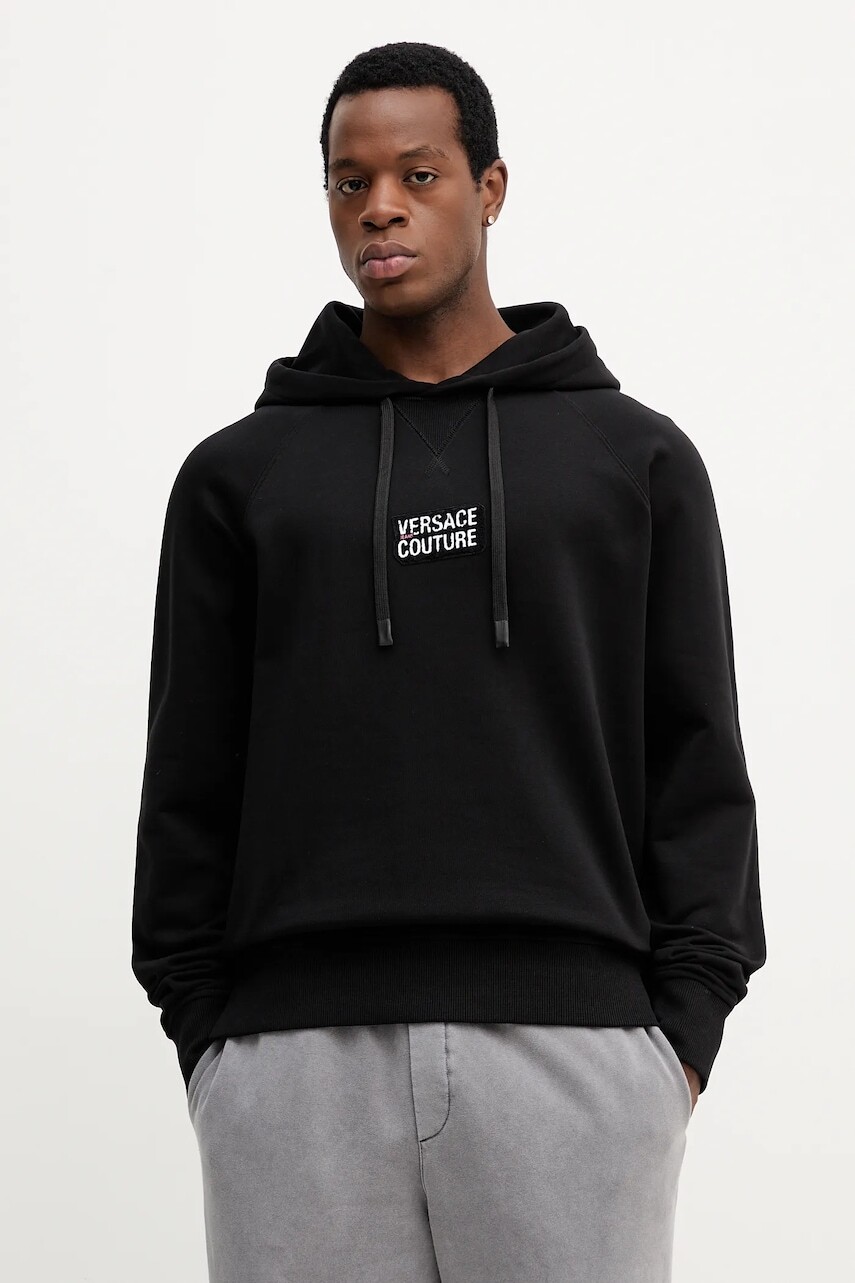Bavlnená mikina Versace Jeans Couture čierna farba, s kapucňou, s nášivkou, 79GAIP06 CF06P