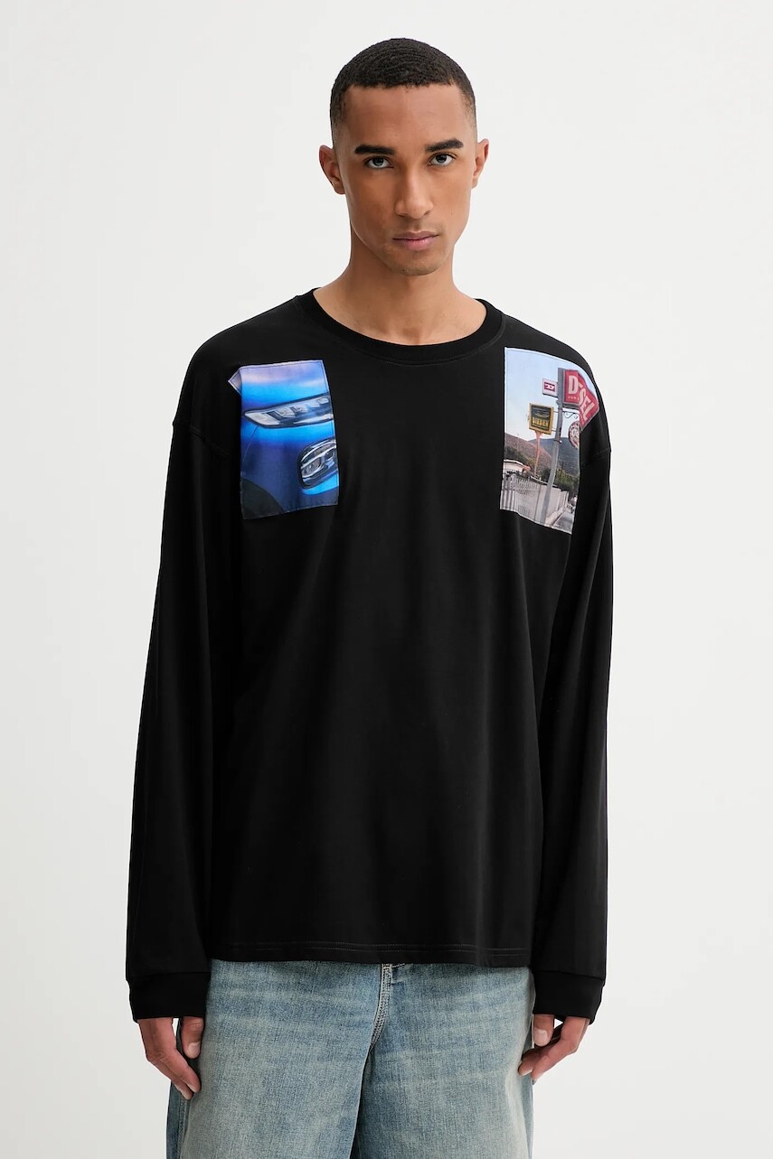 Bavlnené tričko s dlhým rukávom Diesel T-BOXT-LS-T5 čierna farba, s nášivkou, A19468.0PLAT