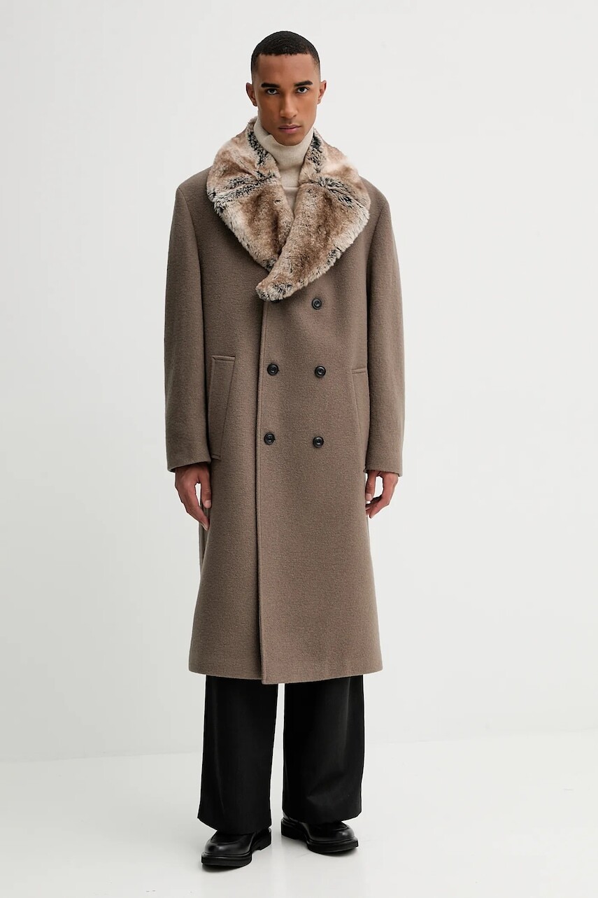 Vlnený kabát HUGO hnedá farba, 50546526