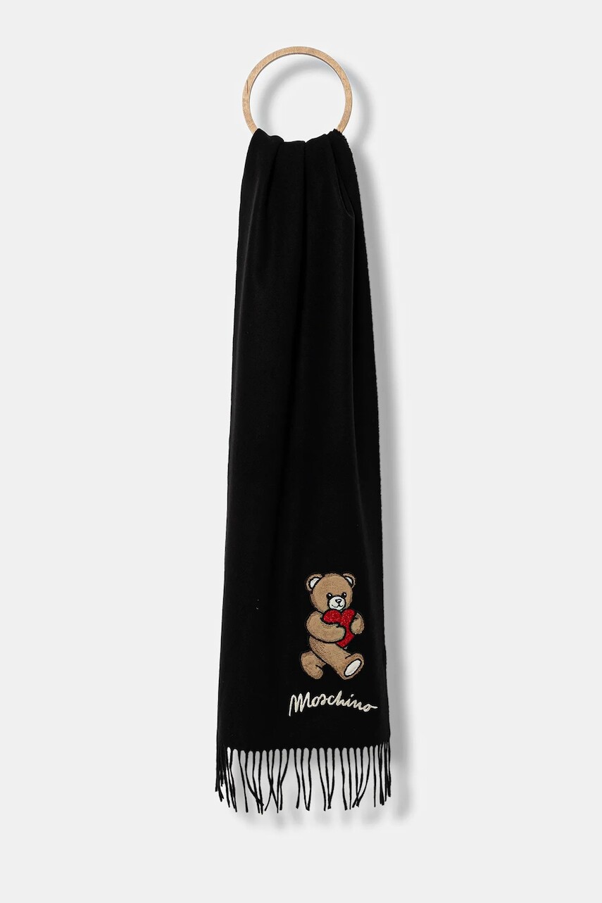 Vlnený šál Moschino čierna farba, s nášivkou, M3330 30835
