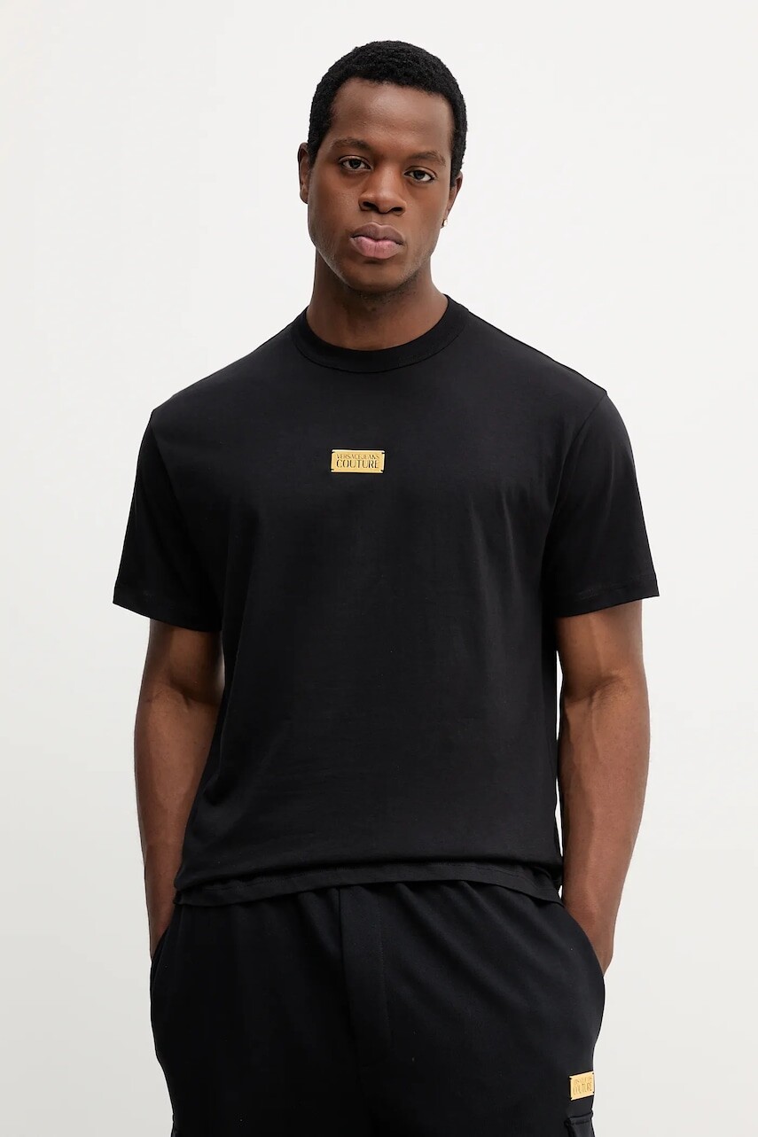 Bavlnené tričko Versace Jeans Couture pánske, čierna farba, s nášivkou, 79GAHT08 CJ00T
