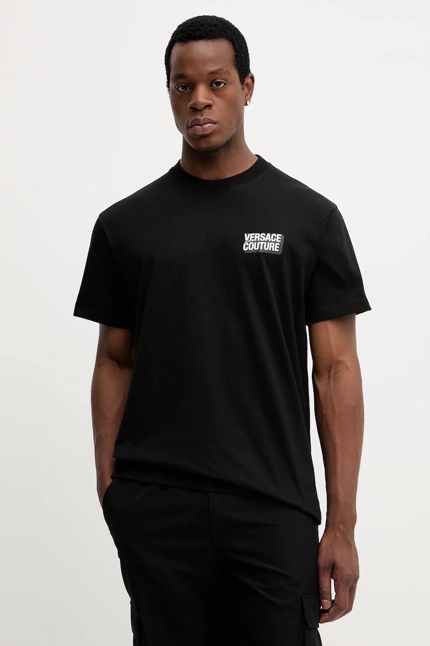 Bavlnené tričko Versace Jeans Couture pánske, čierna farba, s potlačou, 79GAHP10 CJ01P