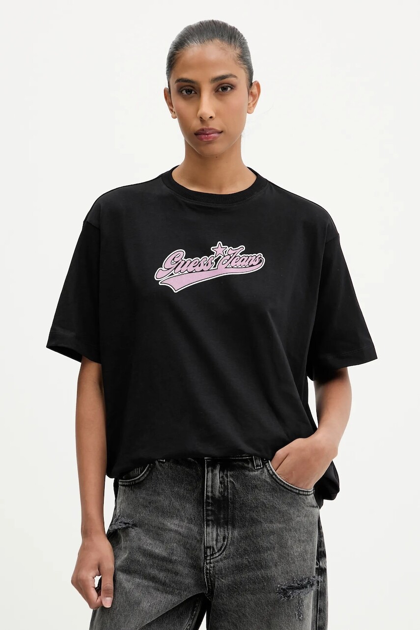 Bavlnené tričko Guess Jeans dámske, čierna farba, W5BI31 K8HM0