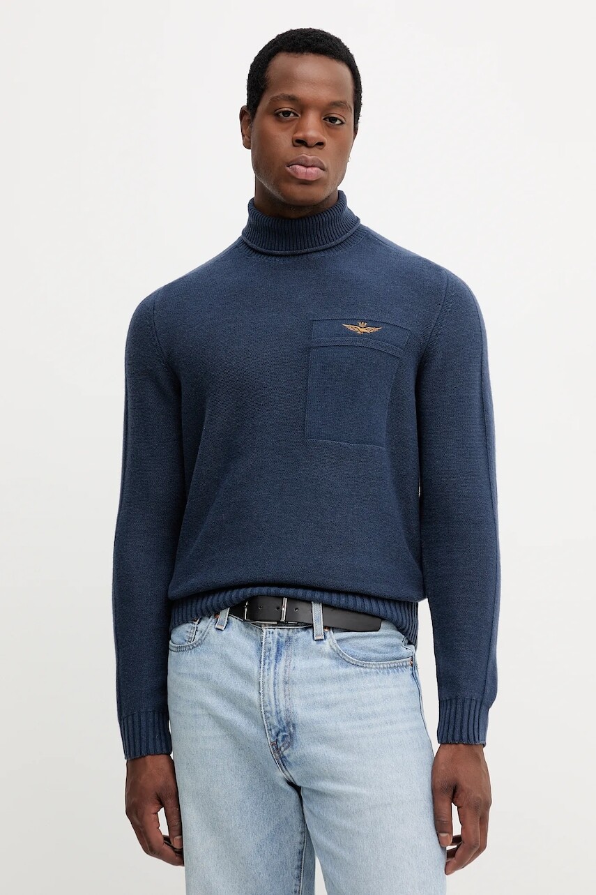 Vlnený sveter Aeronautica Militare tmavomodrá farba, s rolákom, MA1587UL00904