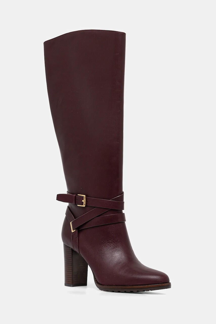 Kožené čižmy Lauren Ralph Lauren Cllns Tl Hl bordová farba, na podpätku, 802974386003