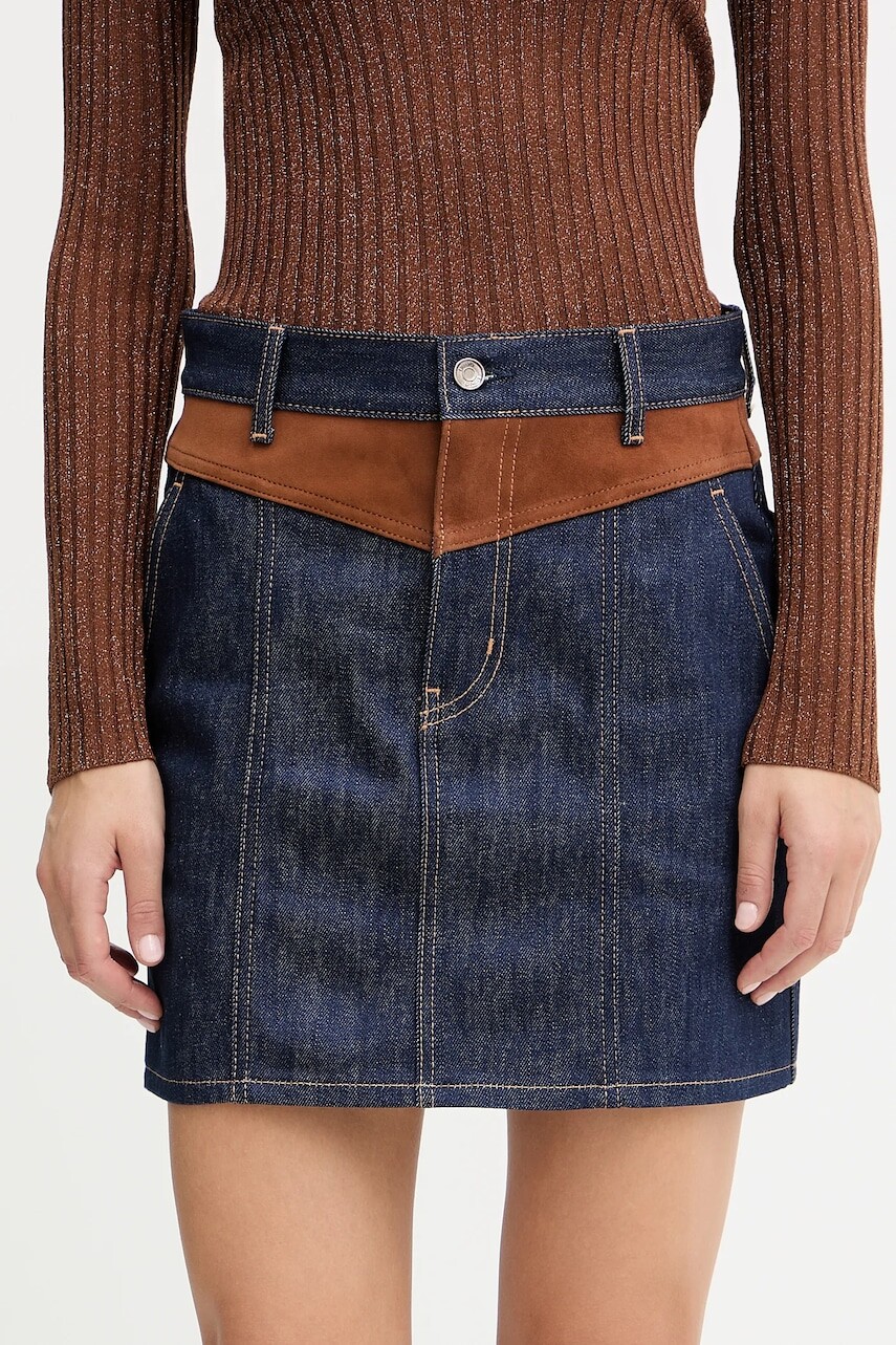 Rifľová sukňa Liu Jo tmavomodrá farba, mini, áčkový strih, UF5085.DS073
