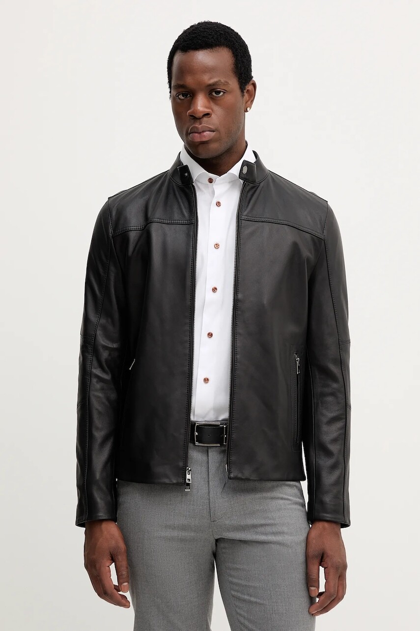 Kožená bunda Michael Kors čierna farba, prechodná, CB98CF17KS