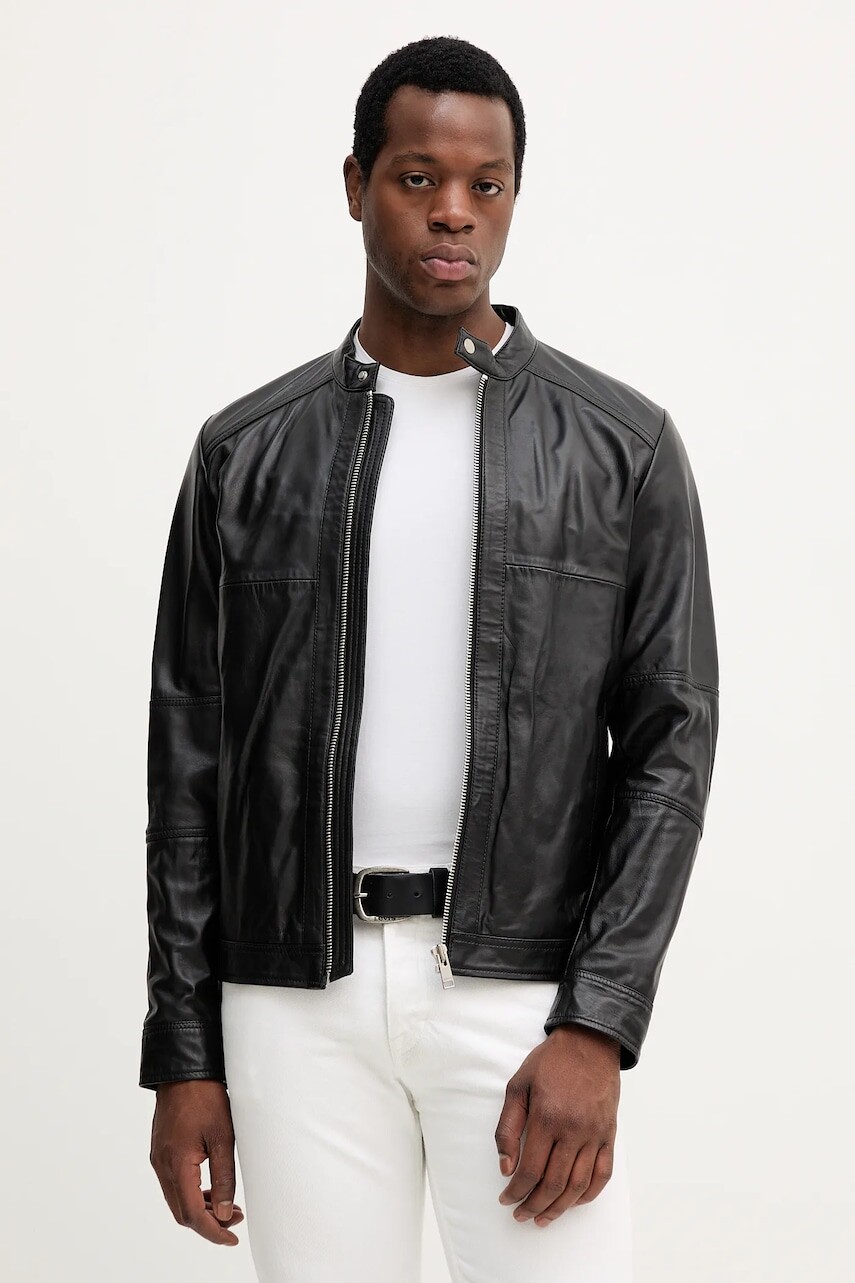 Kožená bunda Liu Jo čierna farba, prechodná, QXX059.P0407