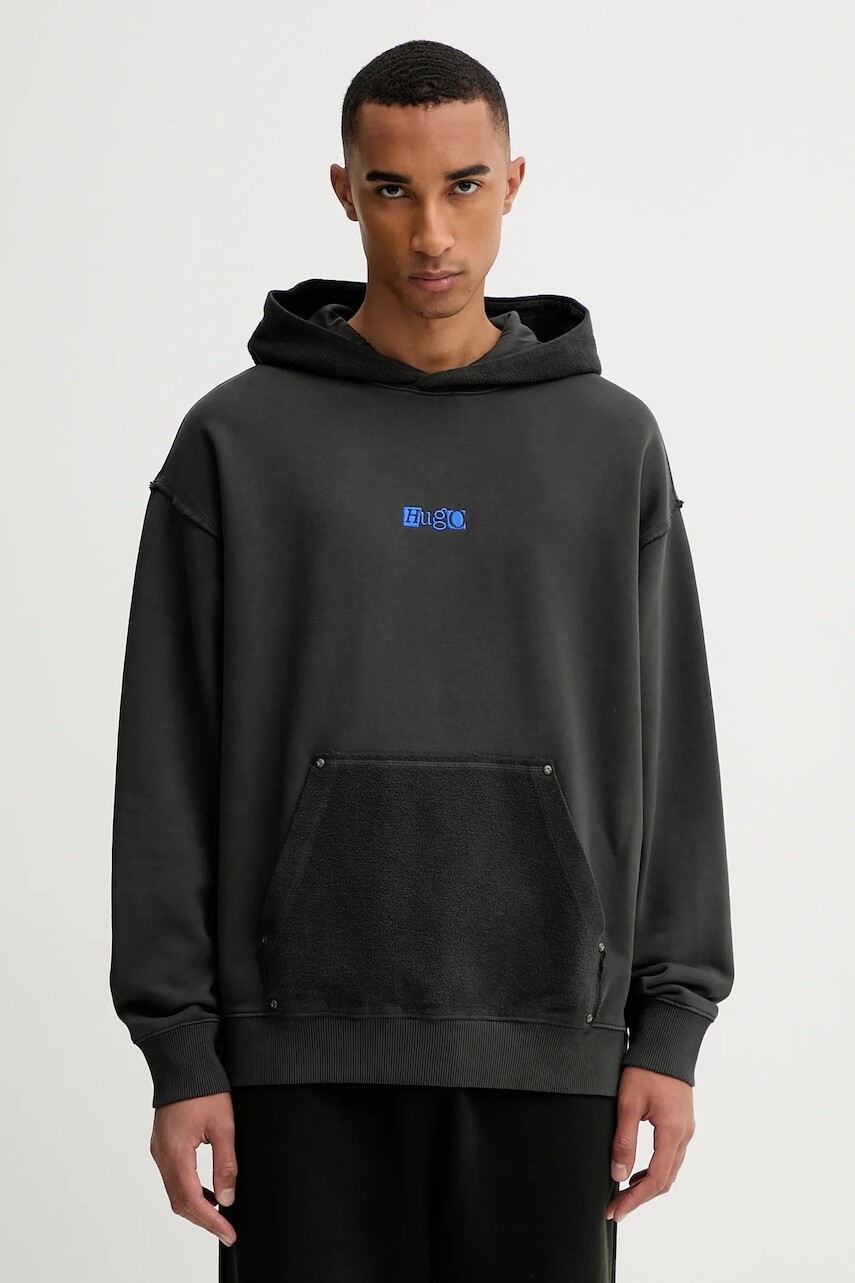 Bavlnená mikina Hugo Blue šedá farba, s kapucňou, jednofarebná, 50542799
