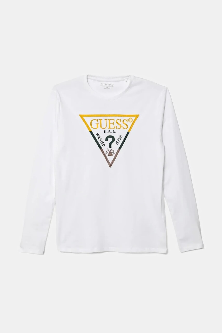 Detská bavlnená košeľa s dlhým rukávom Guess biela farba, s nášivkou, L5BI35 I3Z14