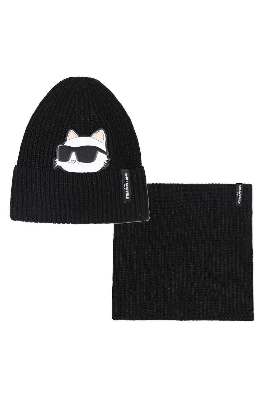 Detská bavlnená čiapka a šál Karl Lagerfeld čierna farba biela, Z31010