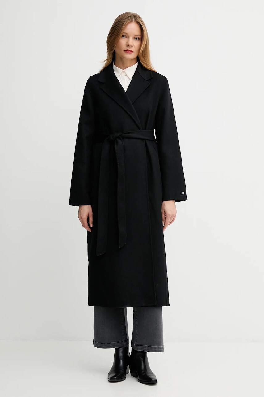 Vlnený kabát Tommy Hilfiger čierna farba, WW0WW47286