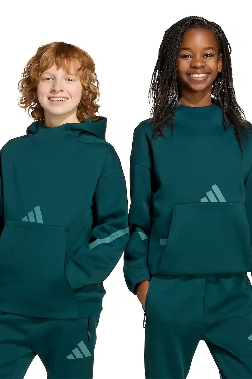 Detská mikina adidas zelená farba, s kapucňou, s potlačou, JW2420