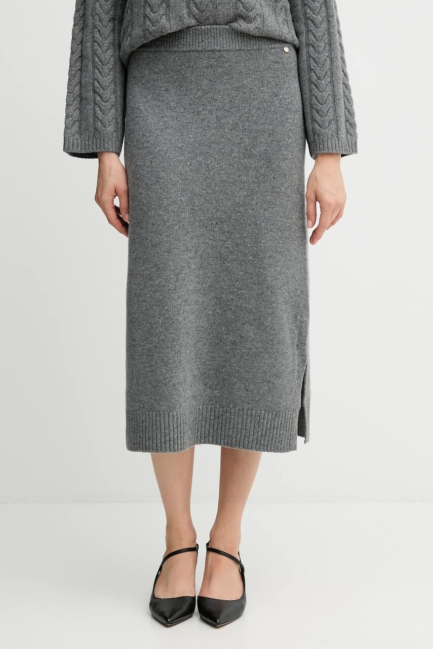 Vlnená sukňa Mos Mosh BRYNDIS šedá farba, maxi, áčkový strih, 173230