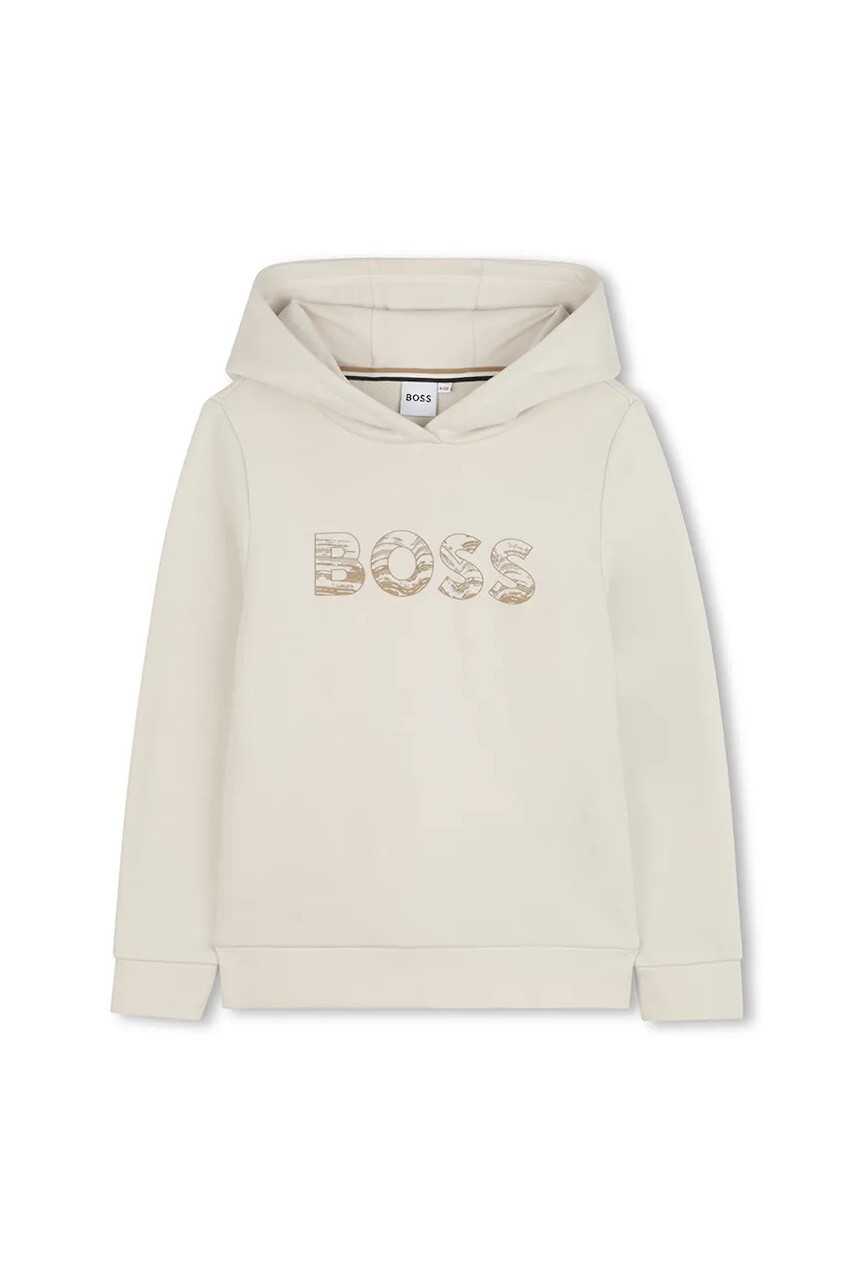 Detská mikina BOSS béžová farba, s kapucňou, s potlačou, J52355