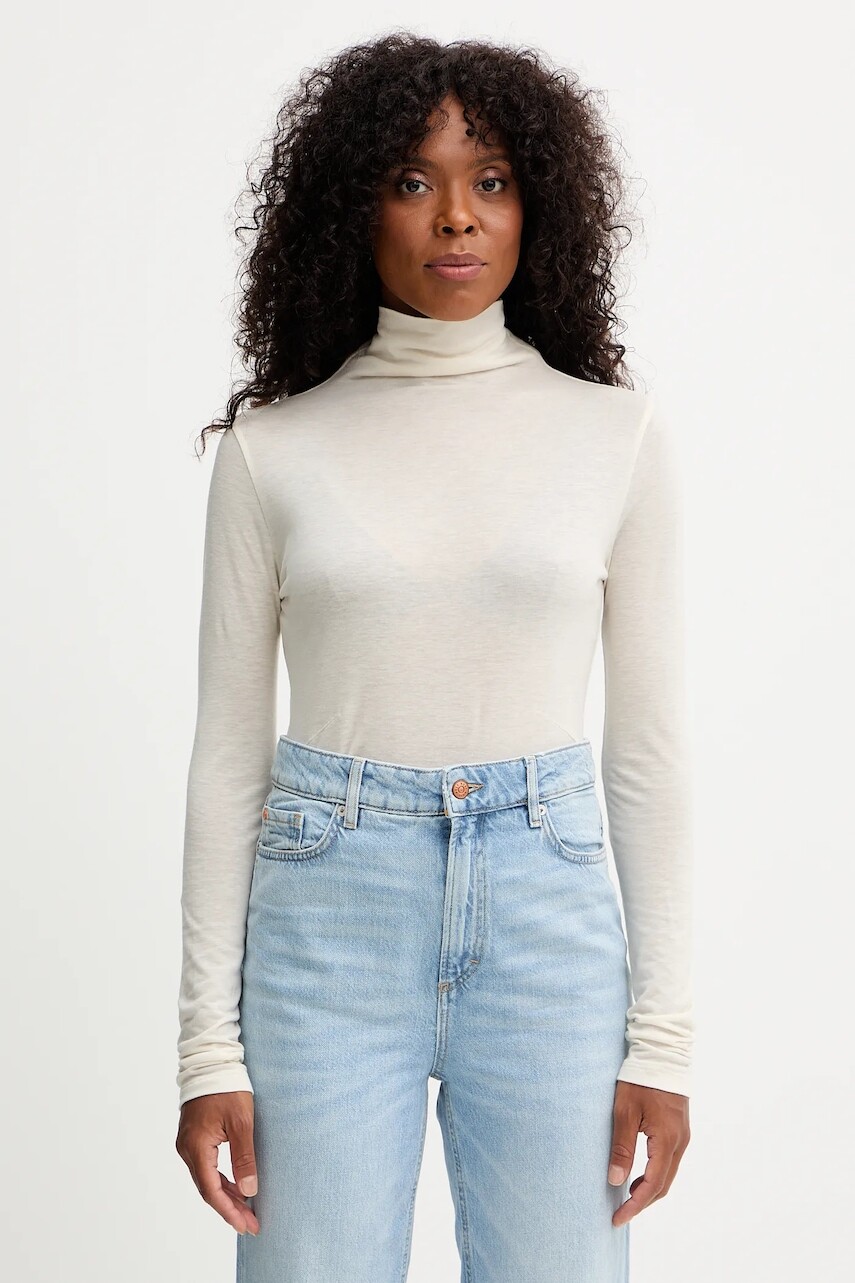 Tričko s dlhým rukávom s vlnou BOSS béžová farba, s polorolákom, 50550639