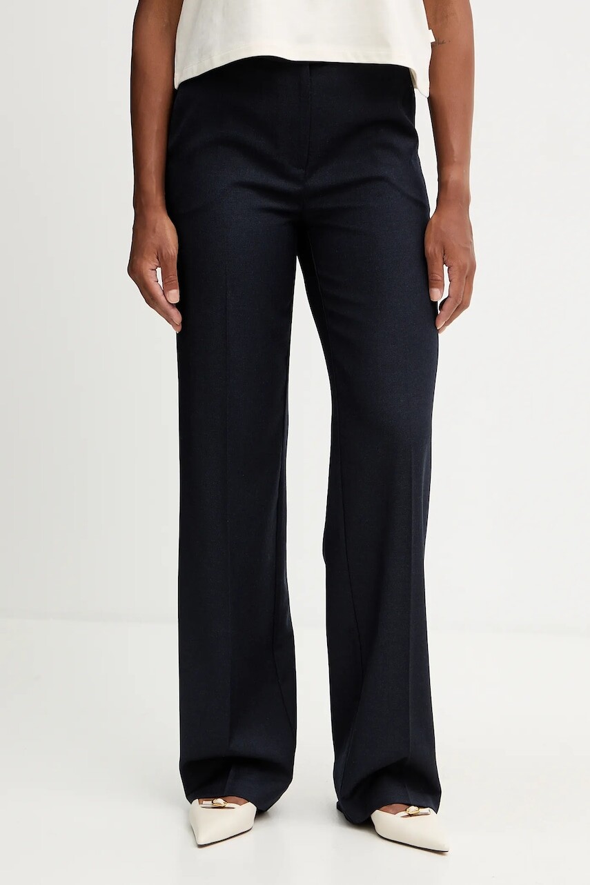 Nohavice s prímesou vlny Twinset tmavomodrá farba, rovný strih, vysoký pás, 252TT2127