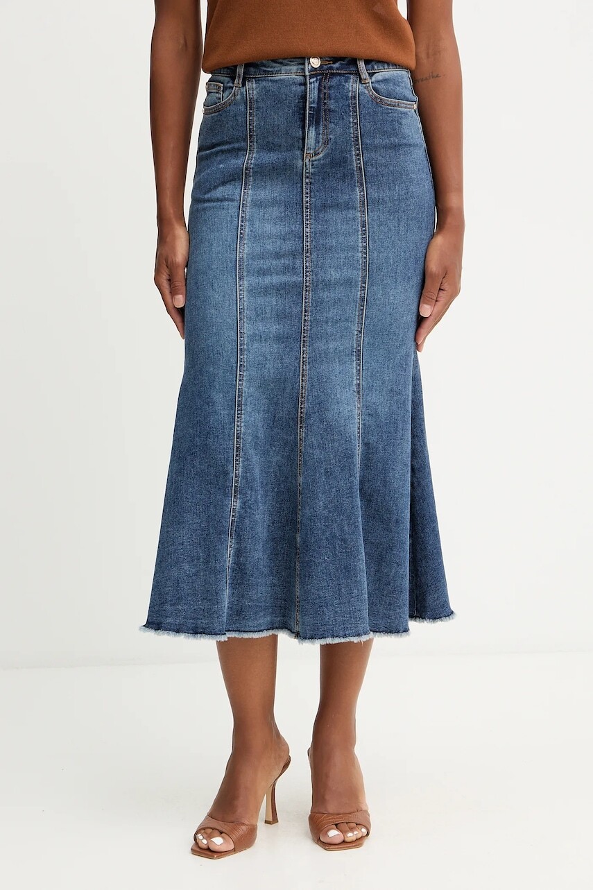 Rifľová sukňa Morgan modrá farba, midi, rovný strih, JAFTER