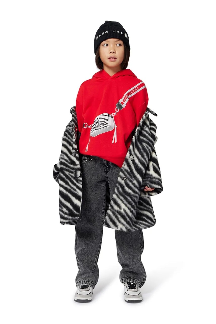 Detská bavlnená mikina Marc Jacobs červená farba, s kapucňou, s potlačou, W60568