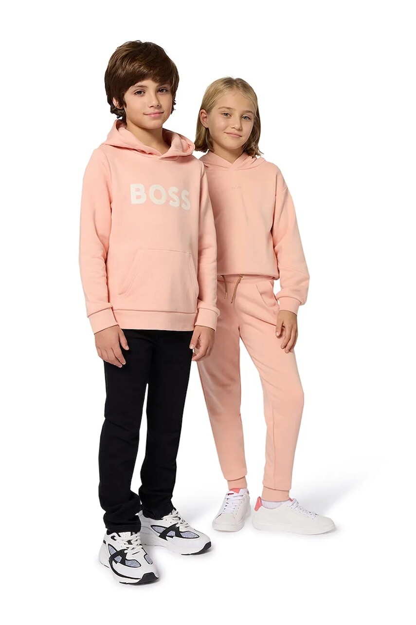 Detská mikina BOSS oranžová farba, s kapucňou, jednofarebná, J52423