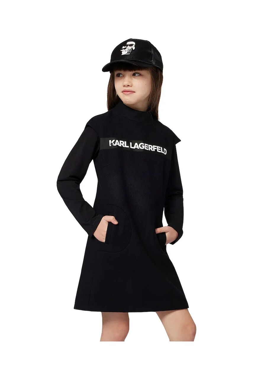Detské šaty s prímesou vlny Karl Lagerfeld čierna farba, mini, áčkový strih, Z30618