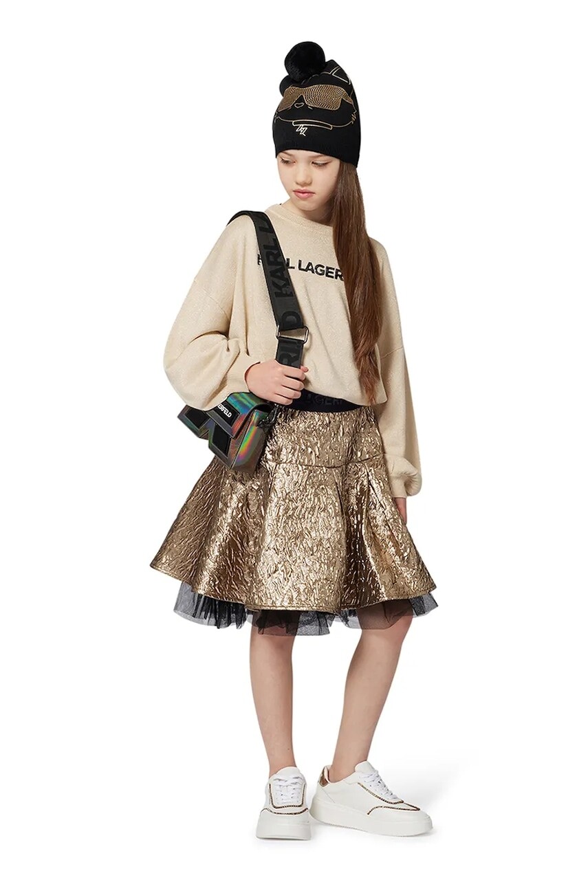 Dievčenská sukňa Karl Lagerfeld zlatá farba, mini, áčkový strih, Z30598