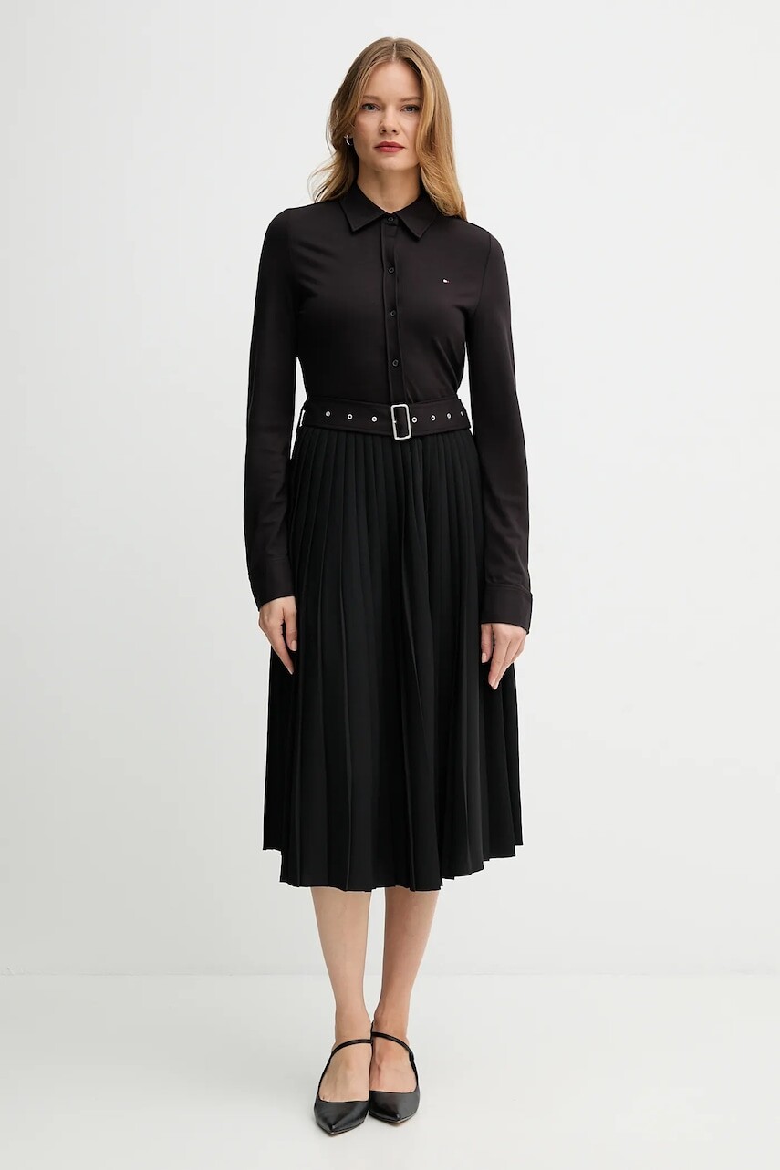 Šaty Tommy Hilfiger čierna farba, midi, áčkový strih, WW0WW48398