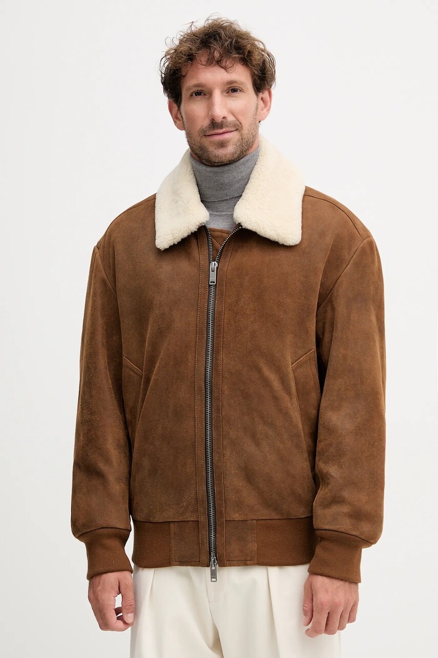 Semišová bunda BOSS Orange hnedá farba, prechodná, 50547567