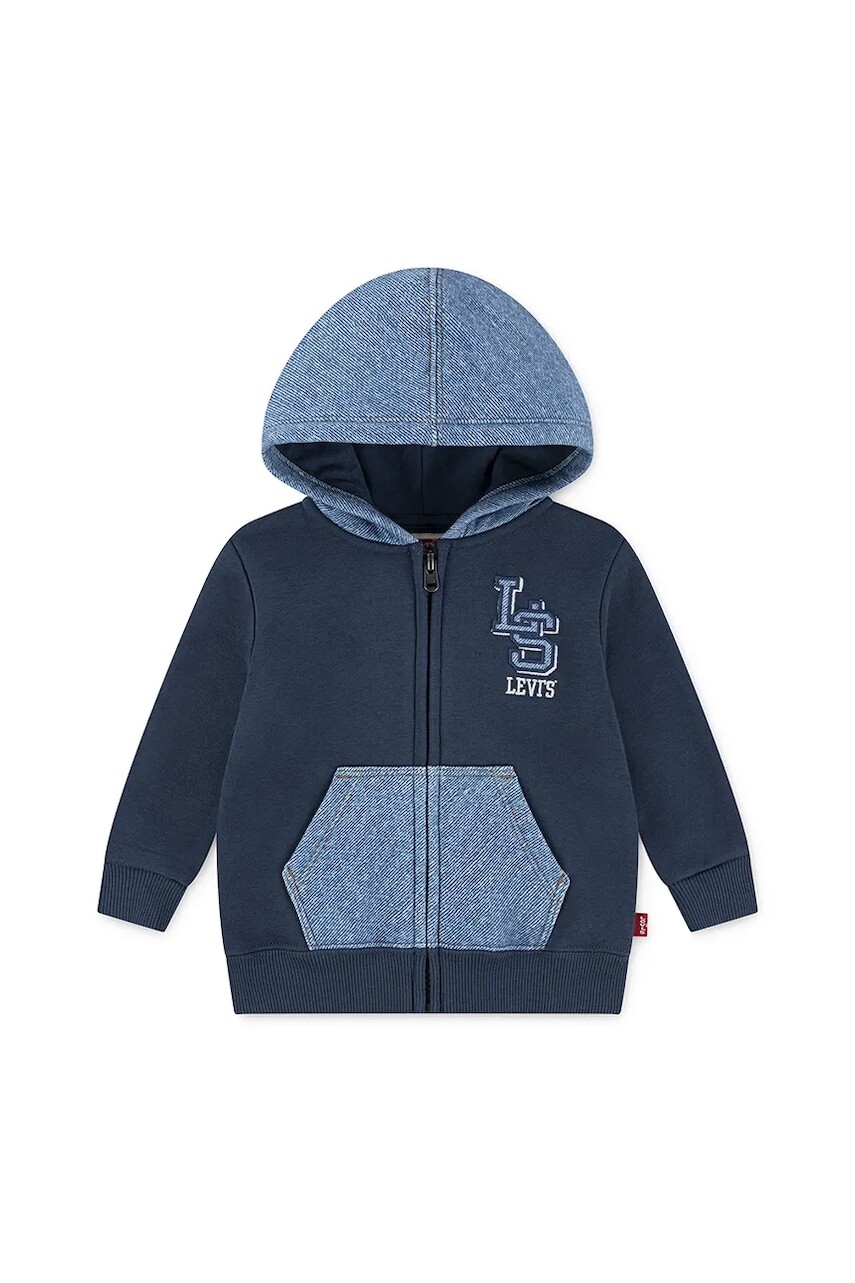 Bavlnená mikina pre bábätká Levi's KNIT DENIM ZIP UP tmavomodrá farba, s kapucňou, s potlačou, 6EN725