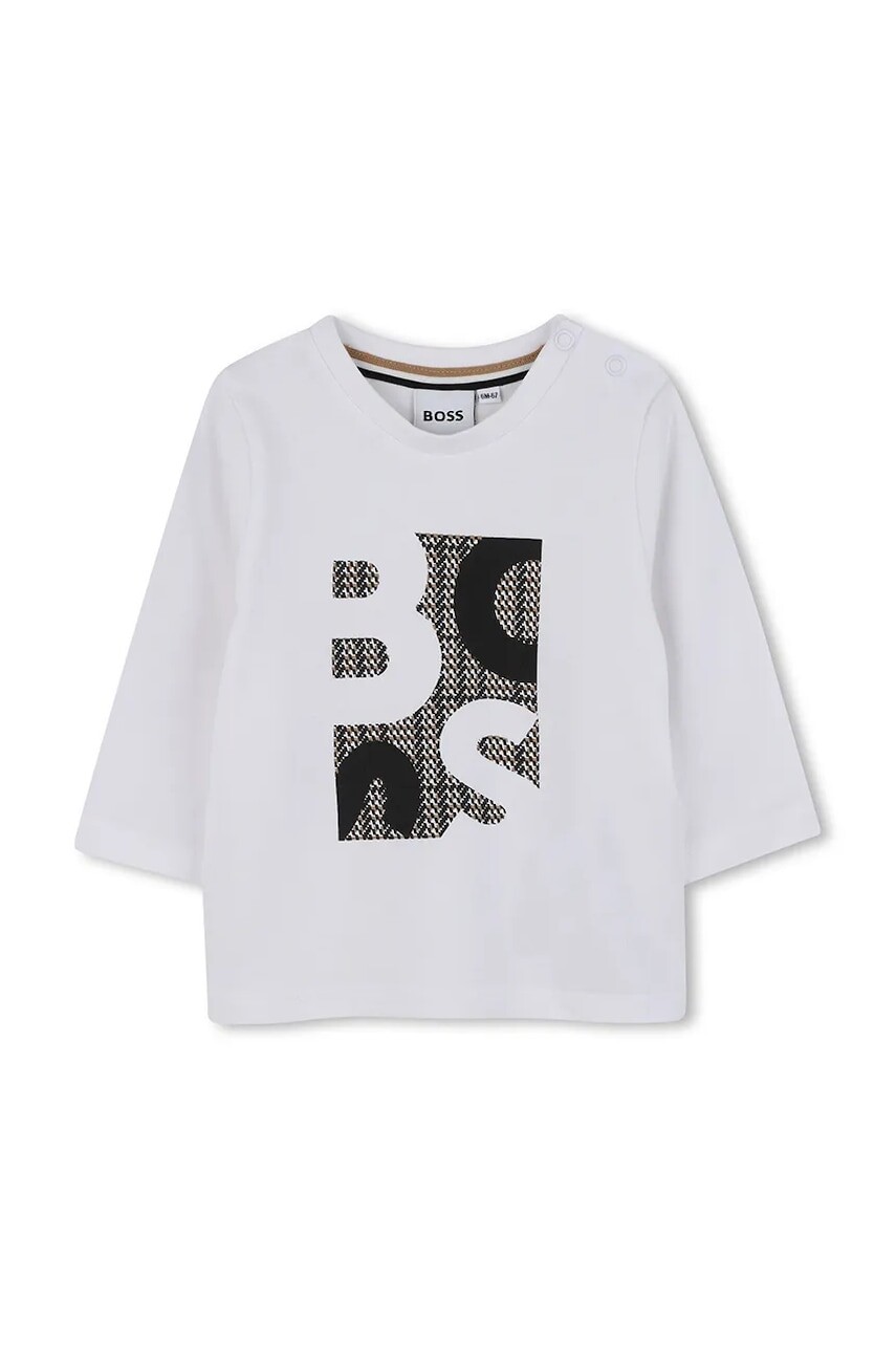 Detská bavlnená košeľa s dlhým rukávom BOSS biela farba, s potlačou, J52472