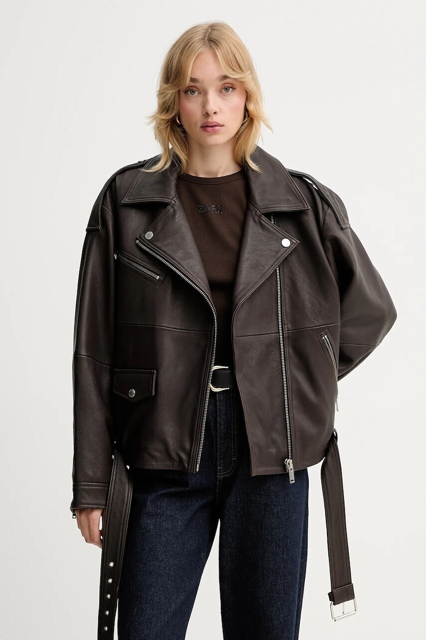 Kožená bunda Gestuz hnedá farba, prechodná, 10910820