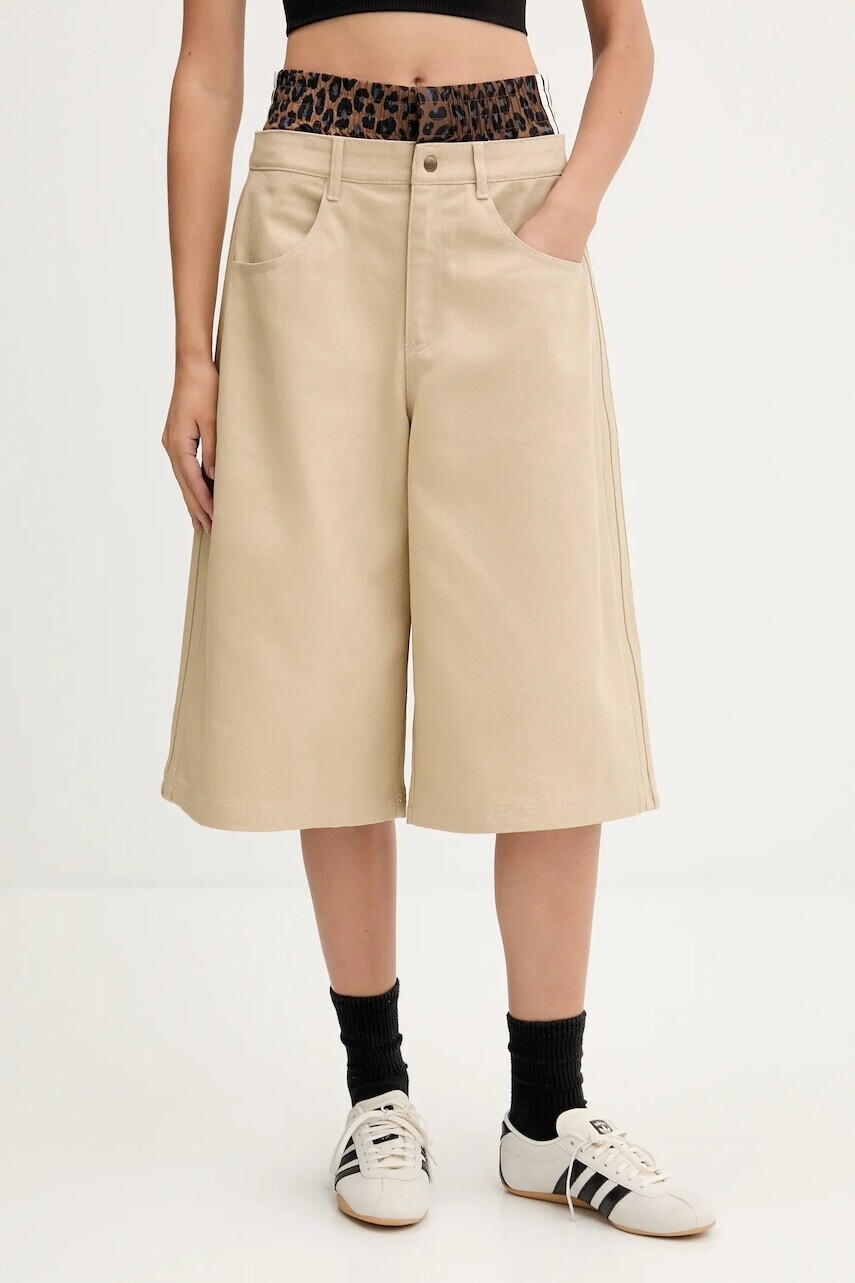 Rifľové krátke nohavice adidas Originals Firebird Utility béžová farba, jednofarebné, vysoký pás, JX8762