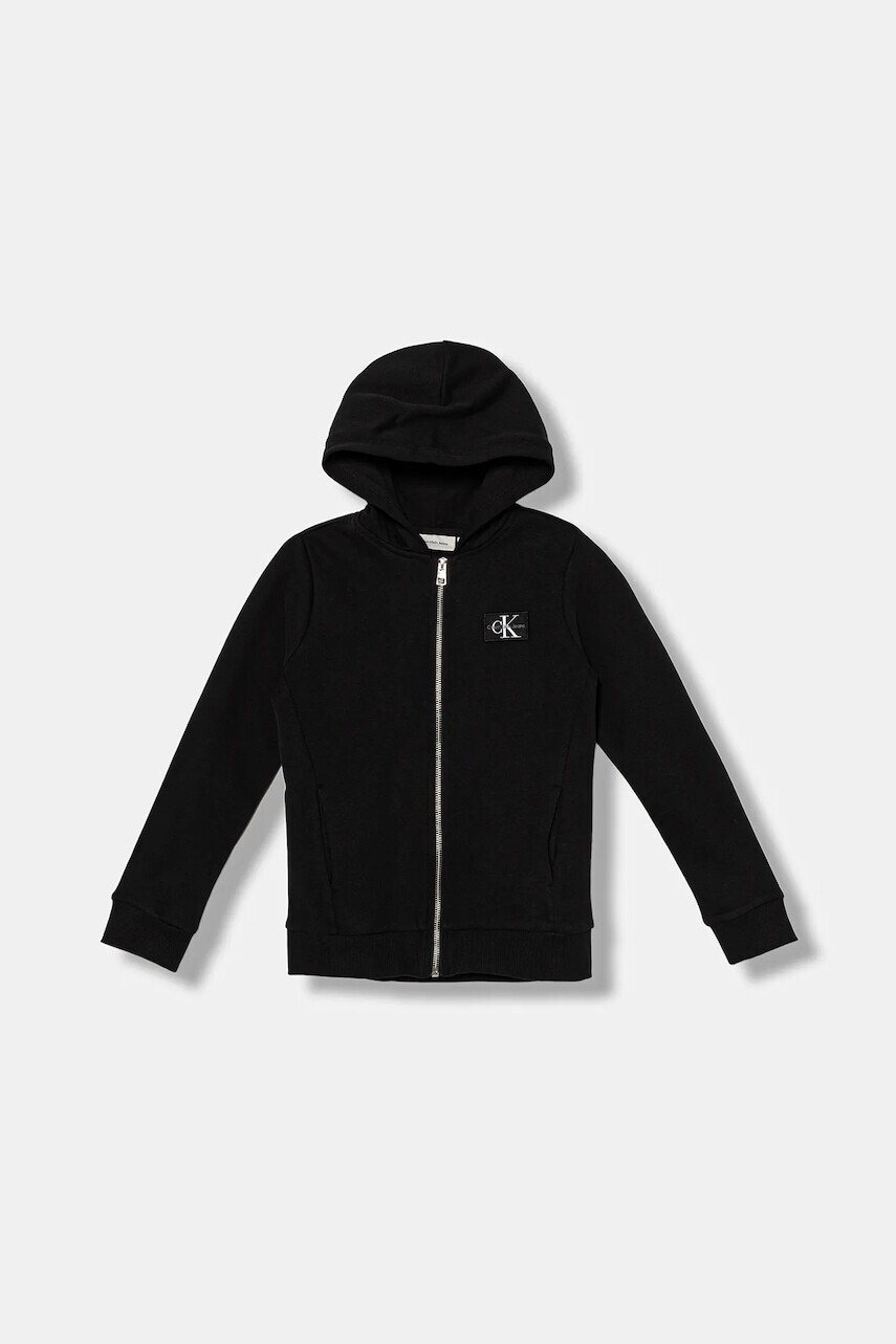 Detská bavlnená mikina Calvin Klein Jeans čierna farba, s kapucňou, s nášivkou, IB0IB02213