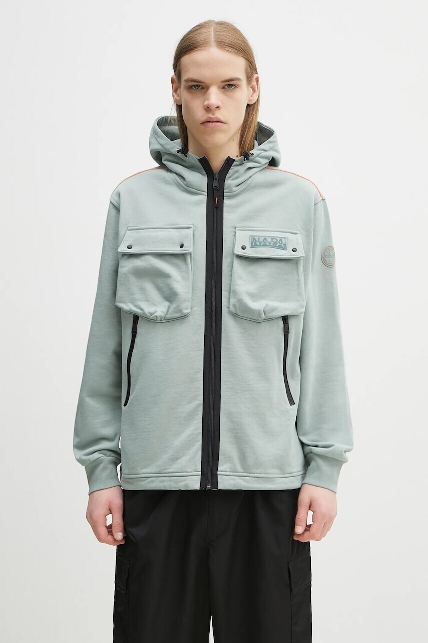 Bavlnená mikina Napapijri B-Rivalto pánska, zelená farba, s kapucňou, s potlačou, NP0A4ICGG1X1