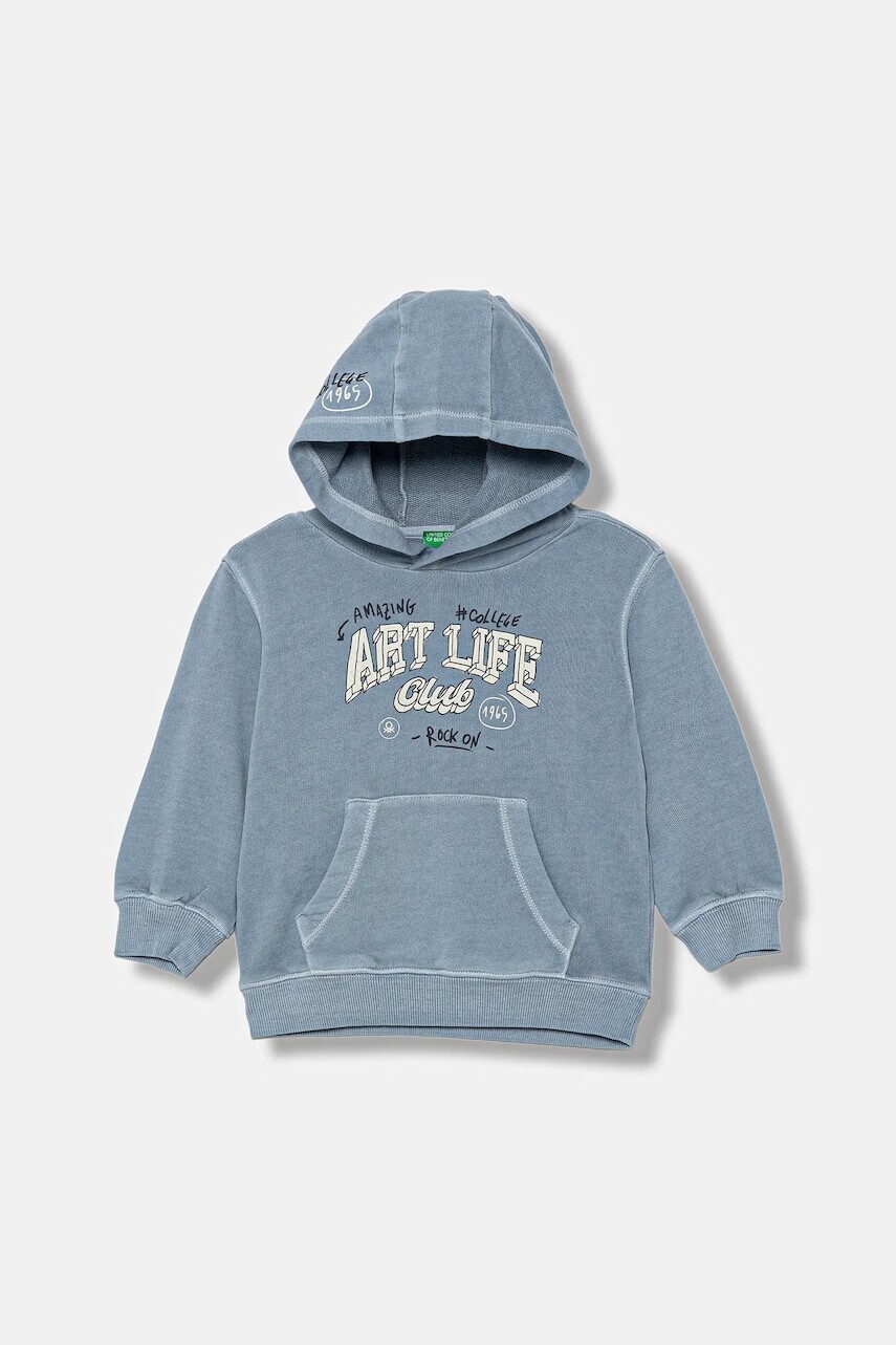 Detská bavlnená mikina United Colors of Benetton modrá farba, s kapucňou, s potlačou, 3WITG2015