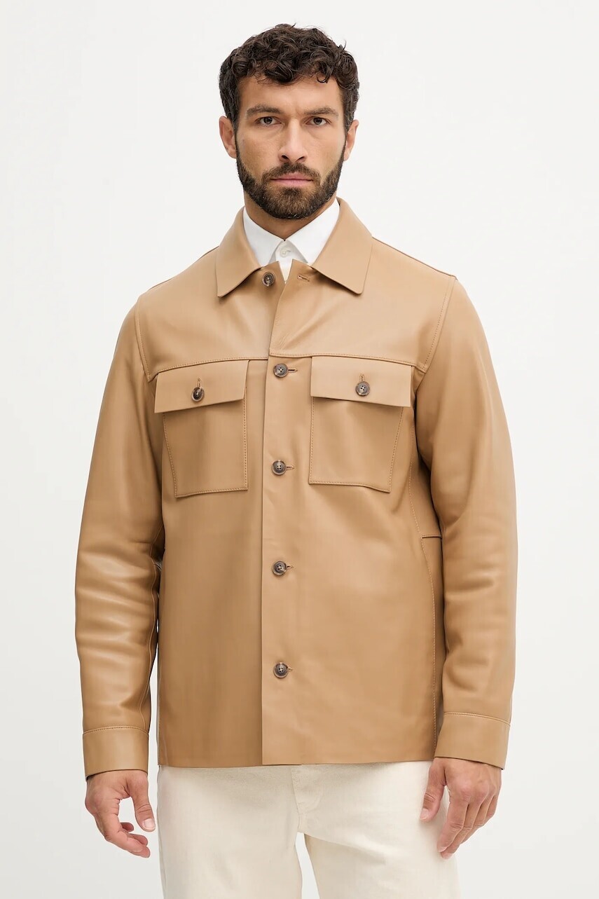 Kožená bunda BOSS zelená farba, prechodná, 50543222