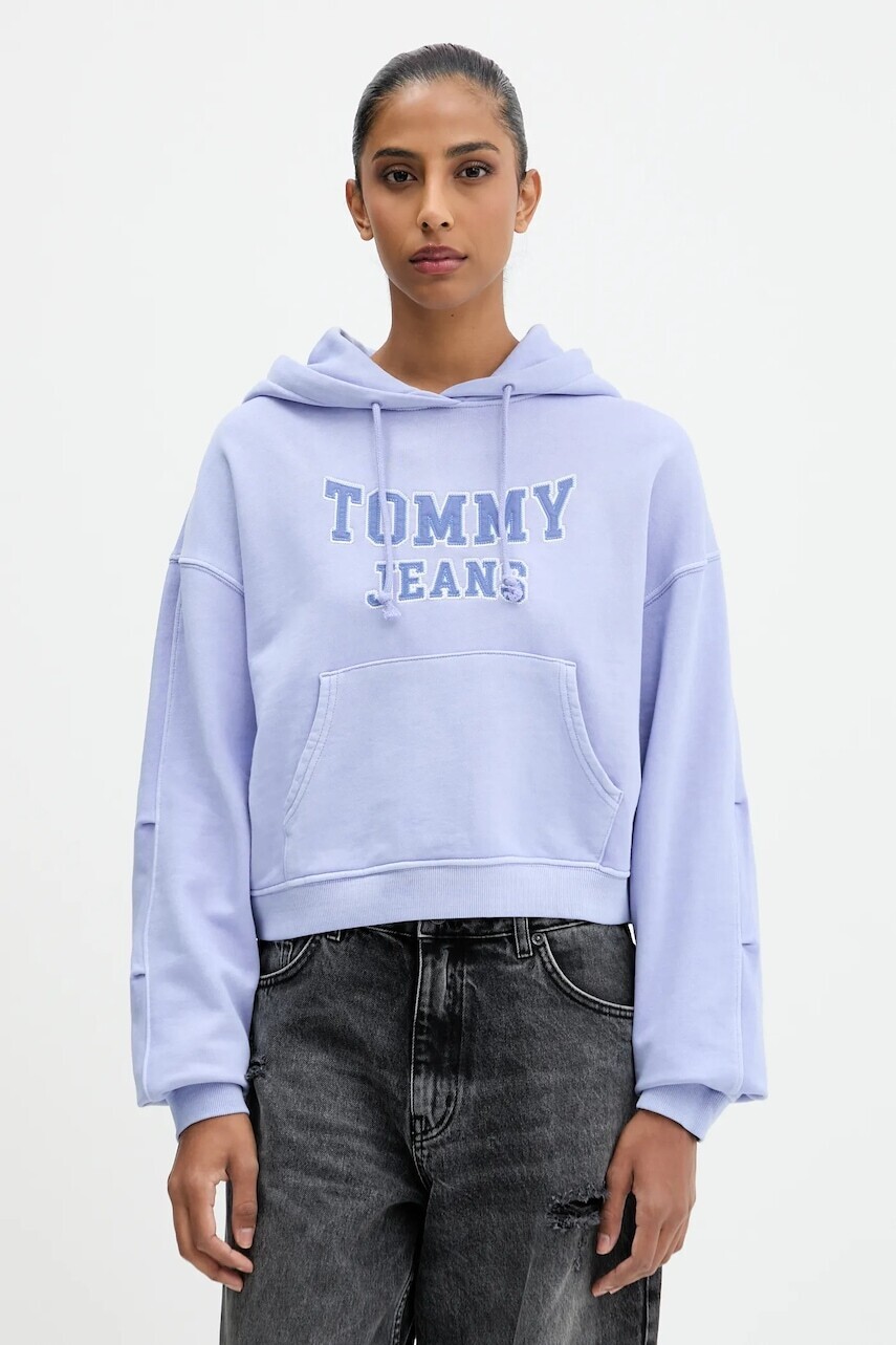 Bavlnená mikina Tommy Jeans modrá farba, s kapucňou, s nášivkou, DW0DW21598