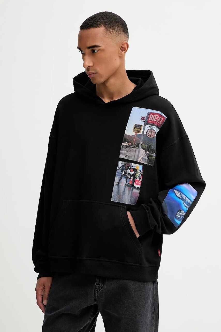 Bavlnená mikina Diesel S-BOXT-HOOD-T6 čierna farba, s kapucňou, s nášivkou, A19642.0BMBJ