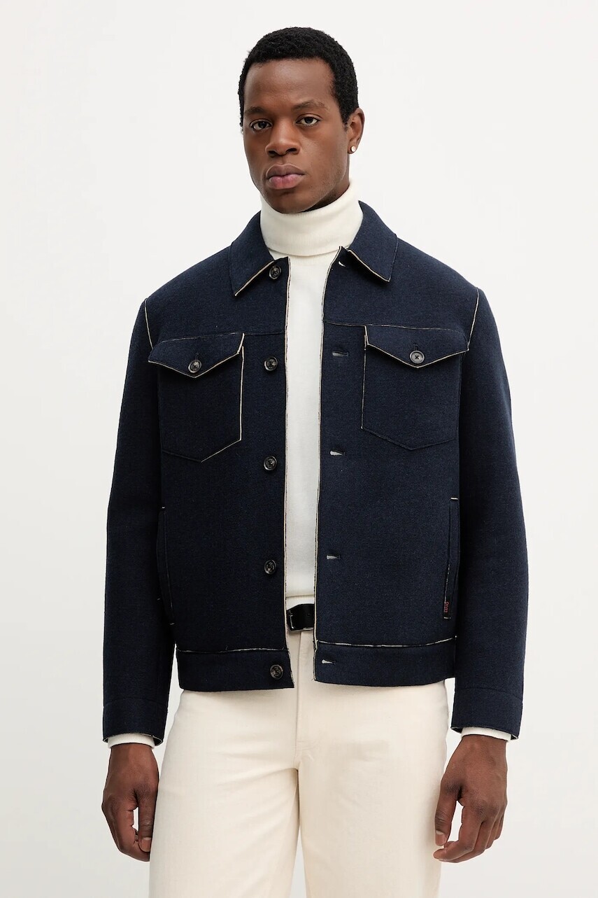 Vlnená bunda Liu Jo tmavomodrá farba, prechodná, QF5021.J4981