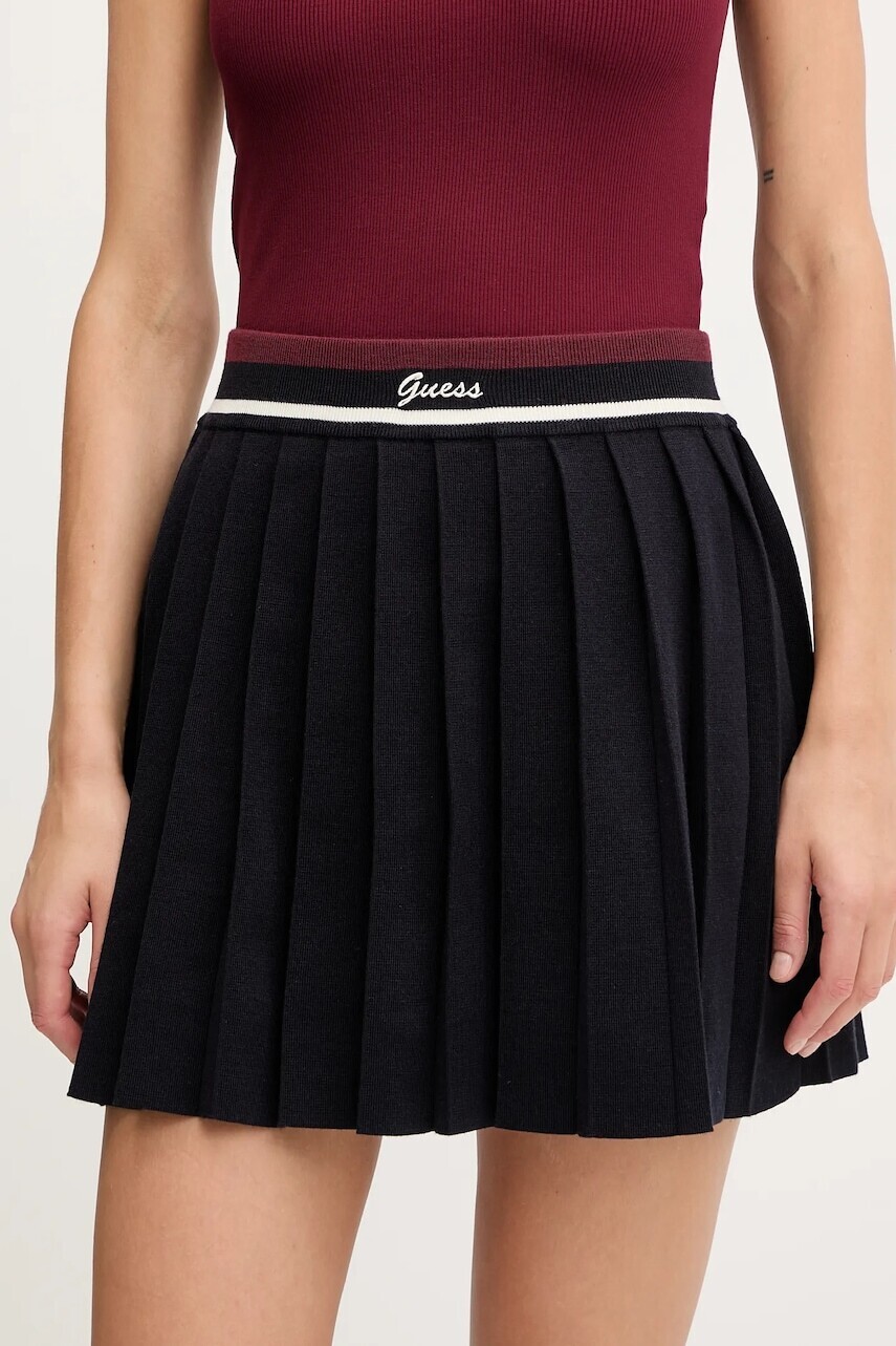 Vlnená sukňa Guess SABINA tmavomodrá farba, mini, áčkový strih, V5BD02 Z1152