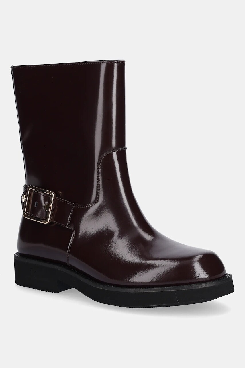 Kožené členkové topánky BOSS Eleri fialová farba, na plochom podpätku, 50548759